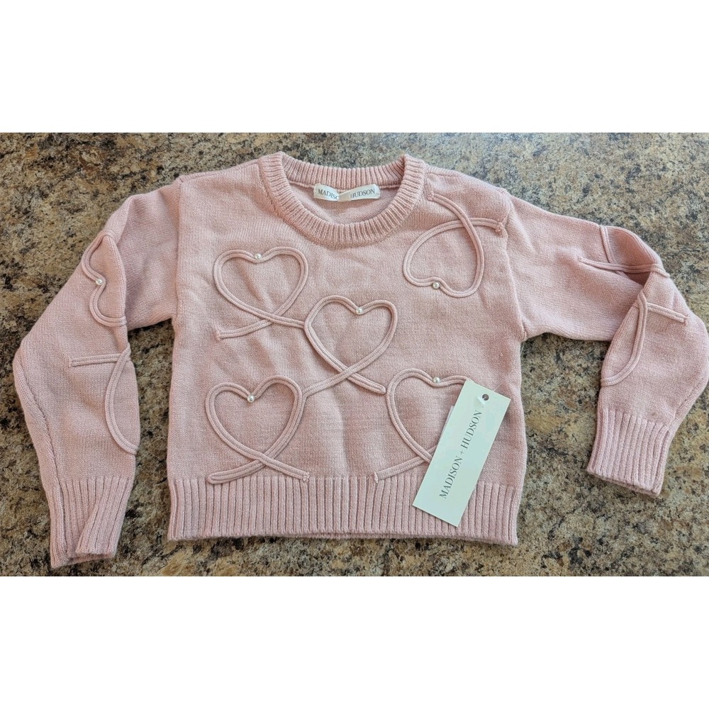 Madison Hudson Girls Light Pink 3D Heart Pearl Sweater GS67508G Size 4 NEW